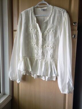 George Cream Lace-Trim Peplum Button Blouse